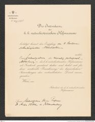 k.k. naturhistorisches Hofmuseum, Intendanzakten 1885-1896 (Hauer), Aktenzahl Z.457/1889, Seite 1